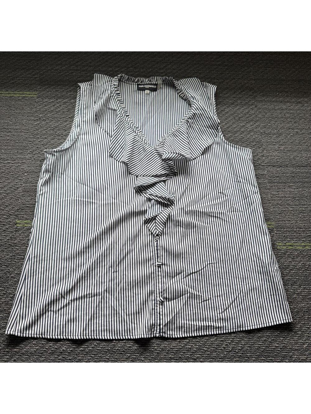 Karl Lagerfeld Blouse Women XL Stripe Sleeveless Ruffle Corpcore Classic Chic